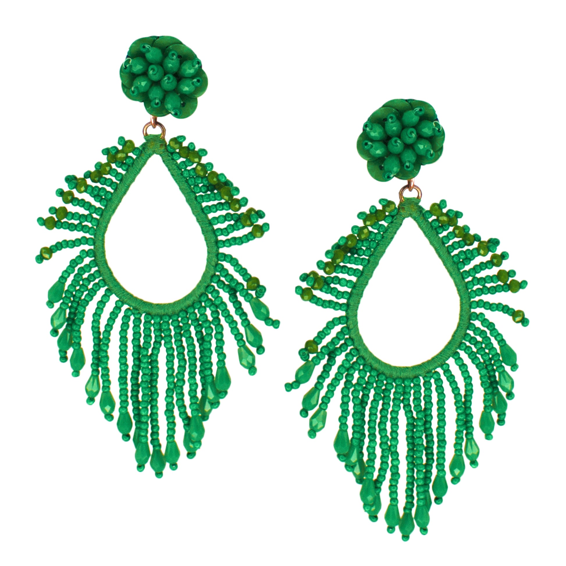 Organic Vibes Handmade Beaded Green Drop Shape Dangler Earrings For Women