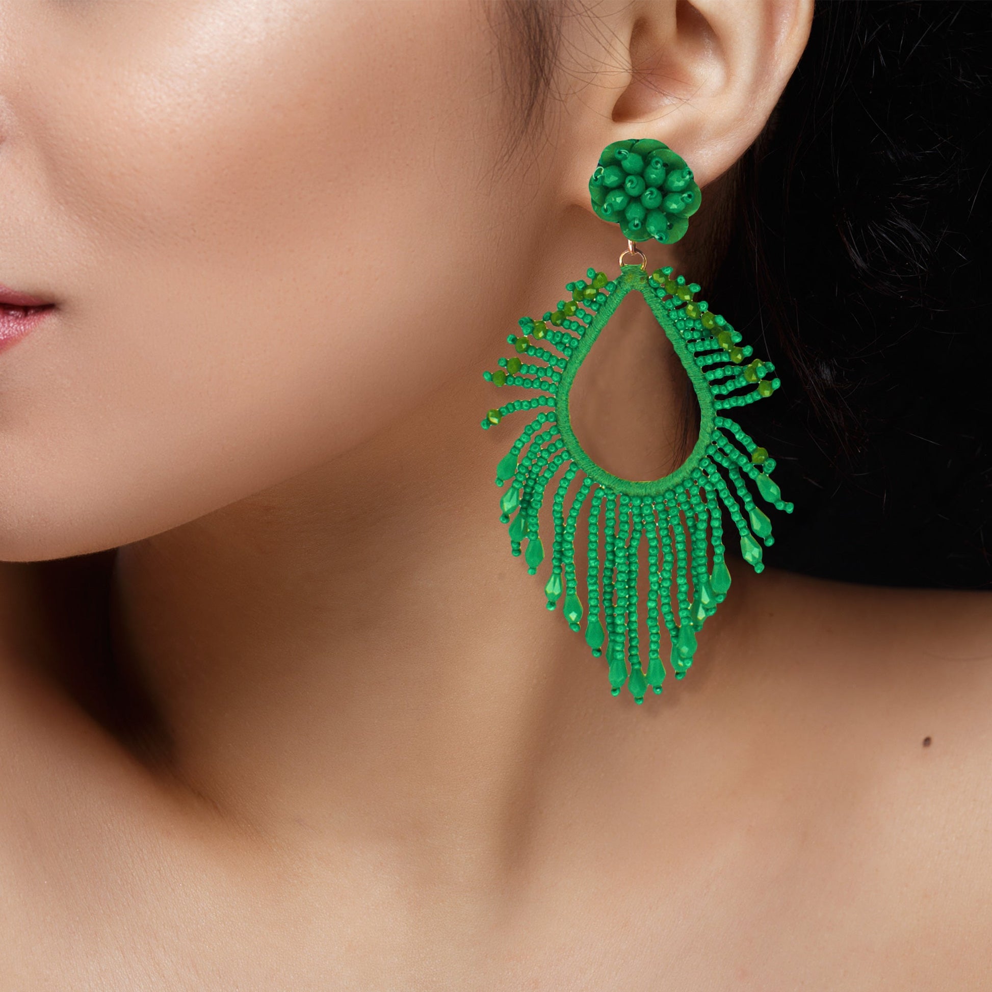 Organic Vibes Handmade Beaded Green Drop Shape Dangler Earrings For Women