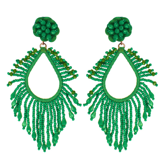 Organic Vibes Handmade Beaded Green Drop Shape Dangler Earrings For Women