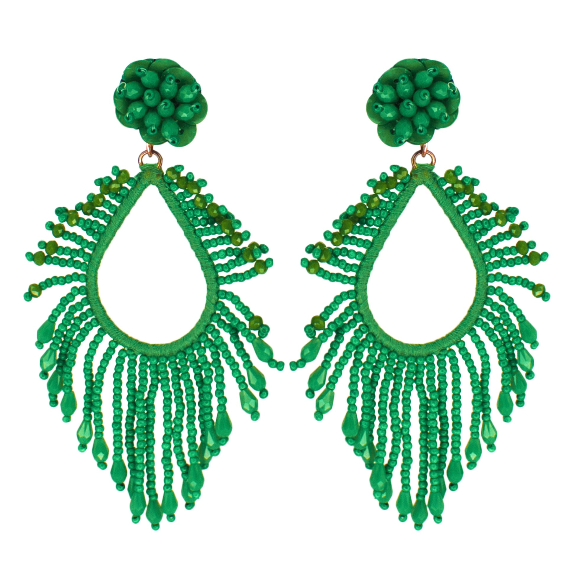 Organic Vibes Handmade Beaded Green Drop Shape Dangler Earrings For Women