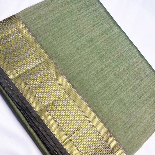 Organic vibes Olive Green Pure Handloom Raw Silk Plain Saree for women Kanjivaram