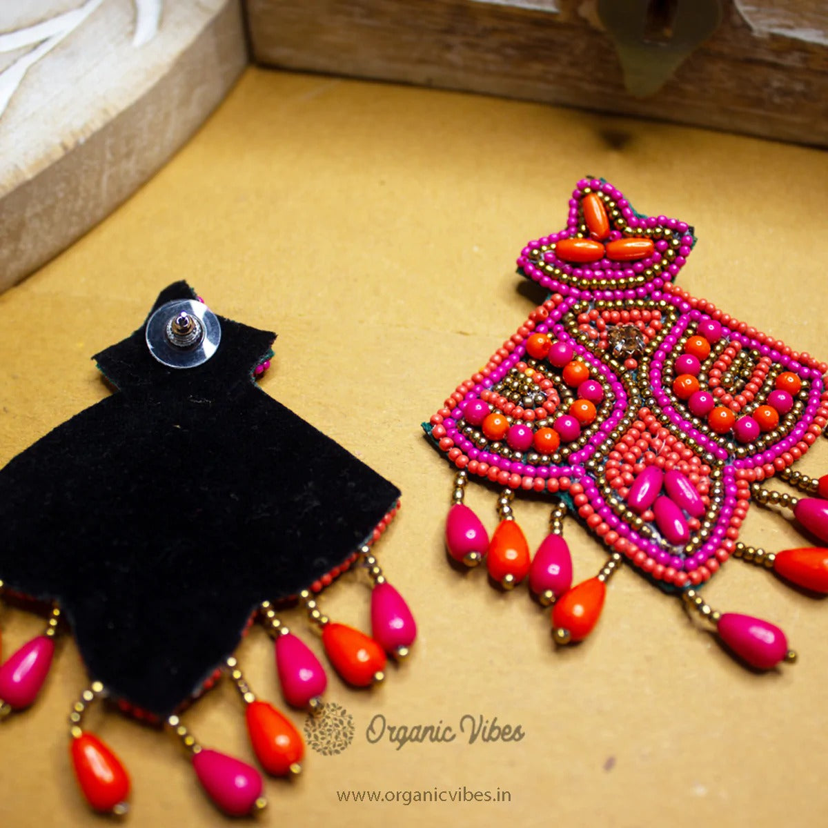 Organic Vibes Pink Orange Hand Embroidered Upcycled Beaded Fabric Earrings For Girls