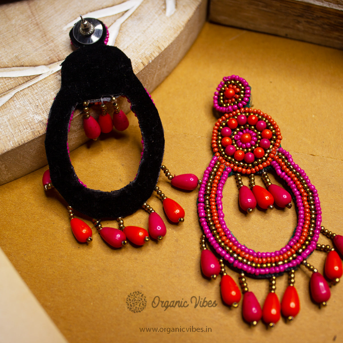 Organic Vibes Pink Orange Hand-Embroidered Upcycled Beaded Fabric Earrings For Girls