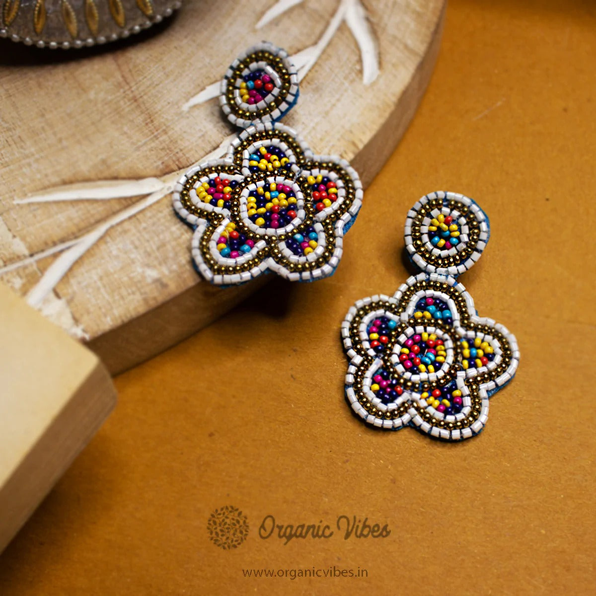 Organic Vibes Multi-color Hand-embroidered Upcycled Floral Beaded Fabric Earrings For Girls