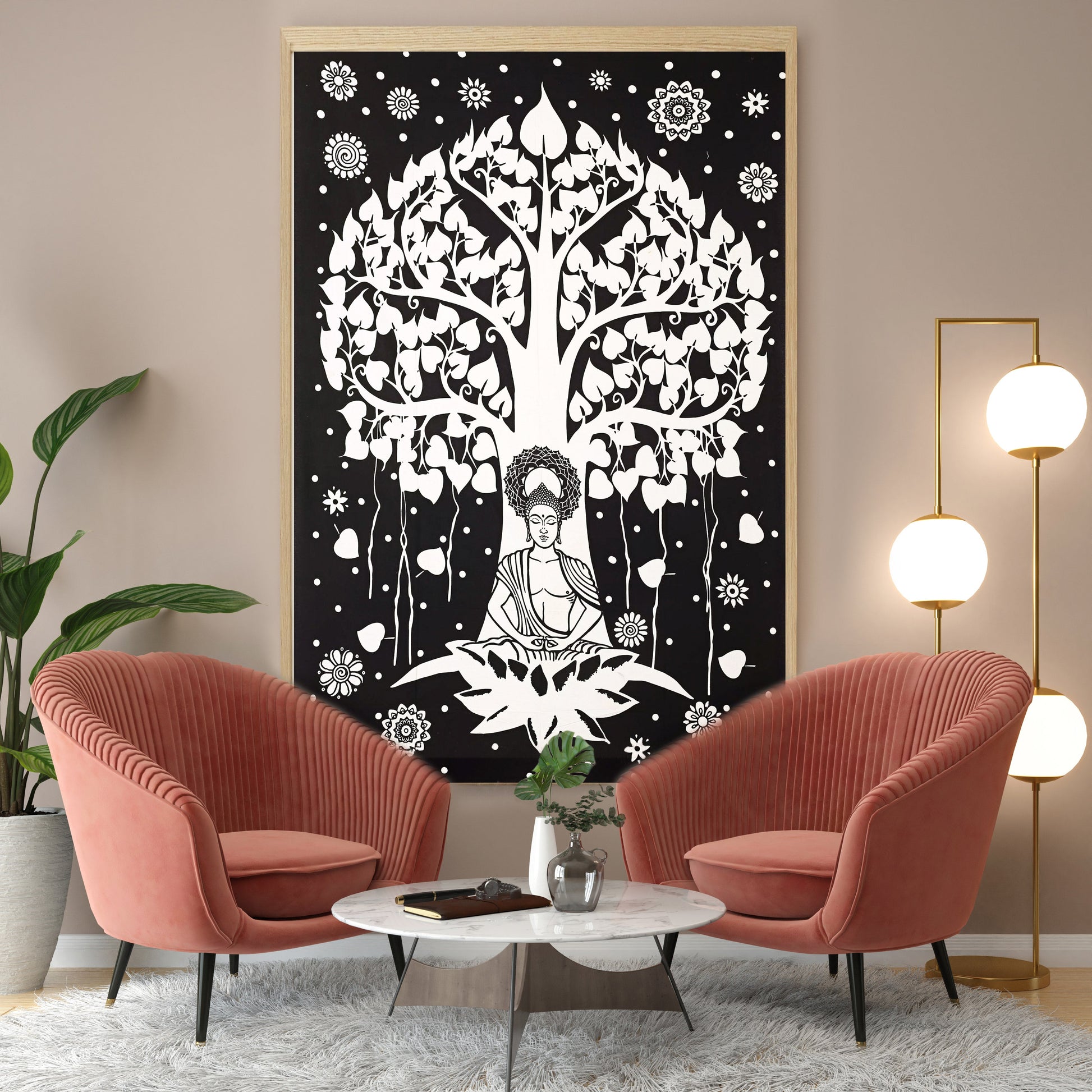 Black Buddha Tree Design Single Tapestry Bedsheet