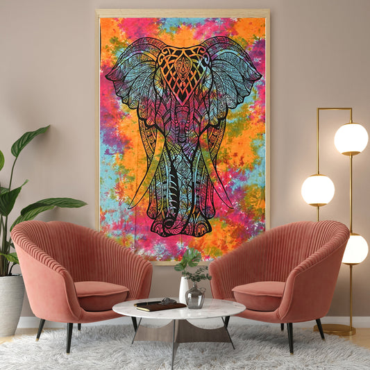 Tie-Dye Multi Color Elephant Single Tapestry Bedsheet