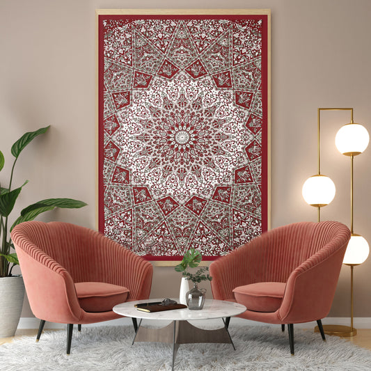 Organic Vibes Maroon Mandala Cotton Tapestry Double Bedsheet