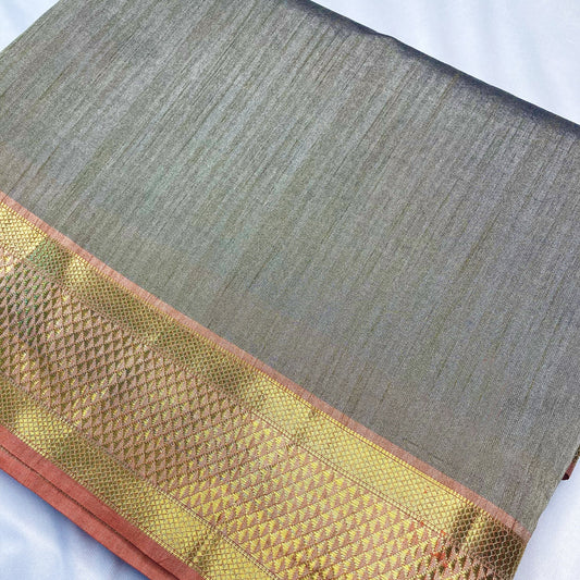 Organic Vibes Kanjivaram Grey Pure Handloom Raw Silk Plain Saree for women
