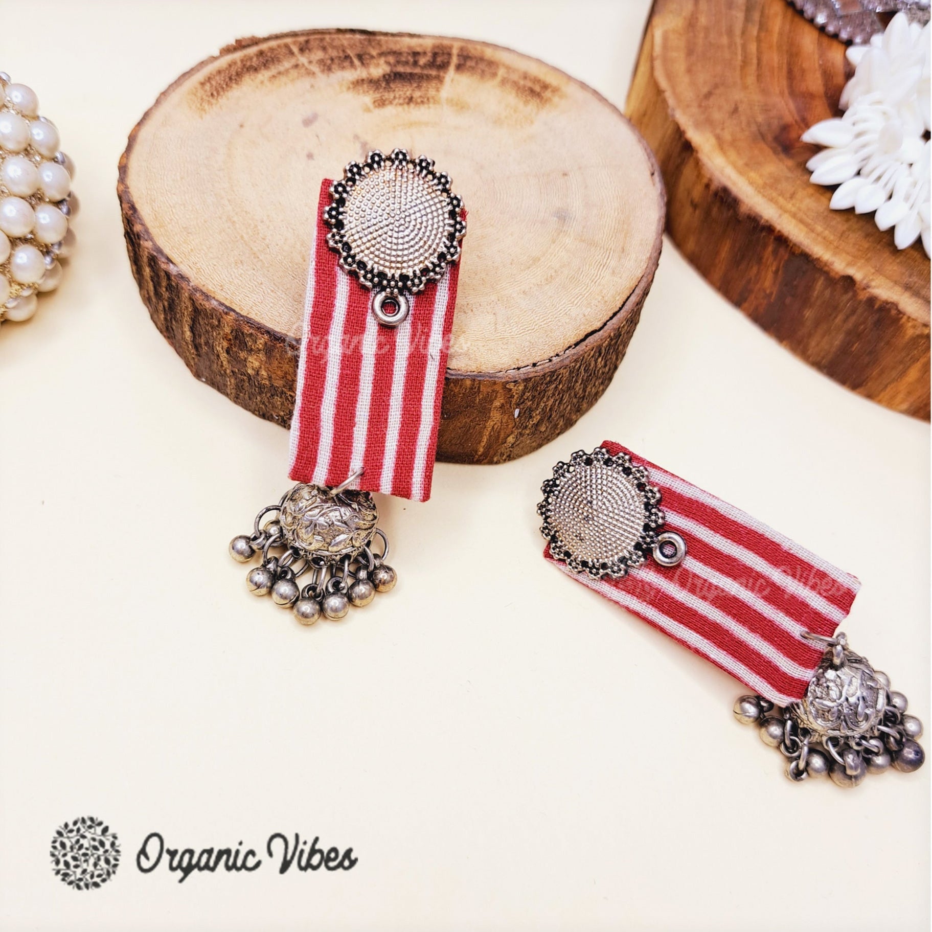 Organic Vibes Handmade Red And White Striped With Floral Stud And Jhumki Fabric Earrings For Women