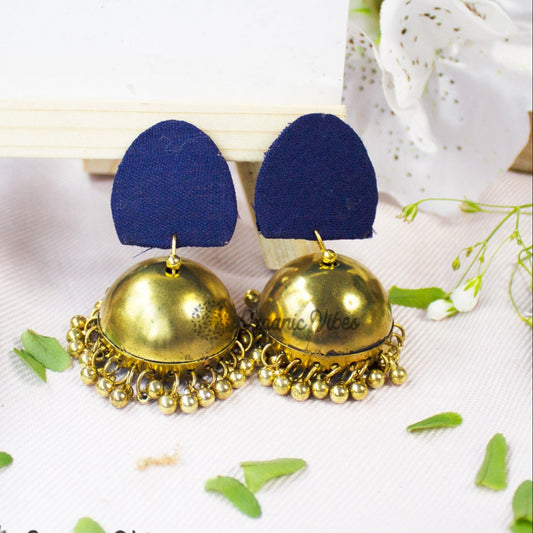 Organic Vibes Handmade Unique Geometric Blue Stud With Golden Jhumka Fabric Earrings For Women