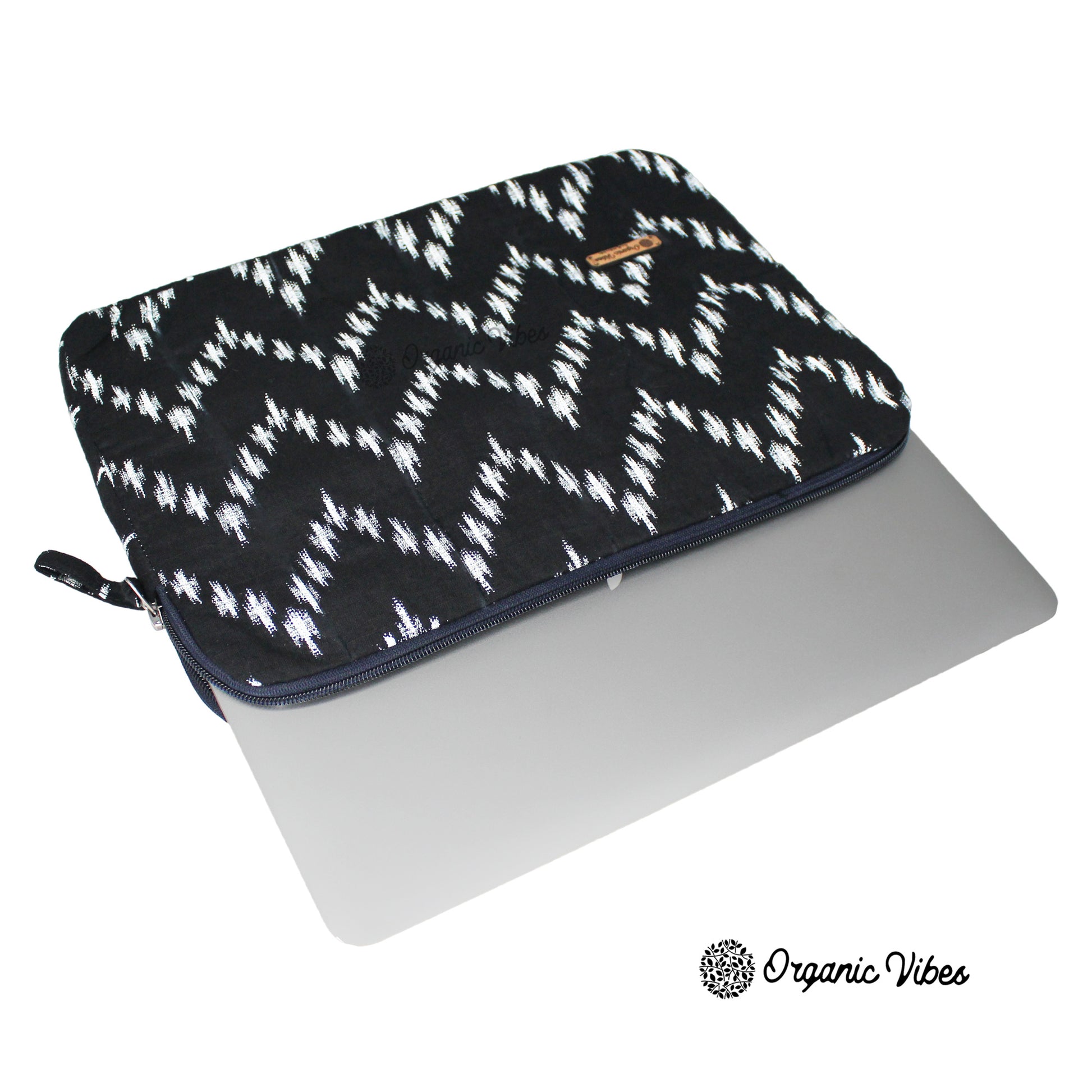 Organic Vibes Hand Block Ikat Printed Black Laptop Sleeves for Laptop 13 Inches