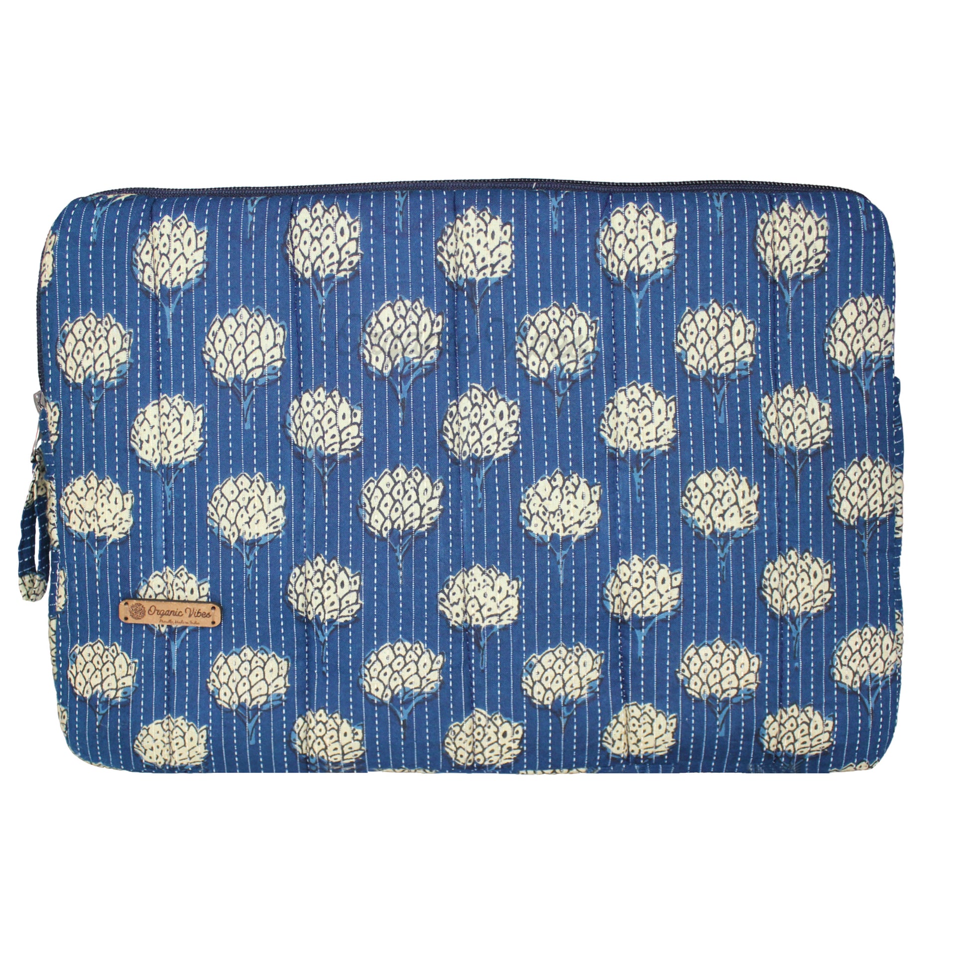 Organic Vibes Hand Block Blue Ikat Floral Printed Laptop Sleeves for 13 Inches Laptop