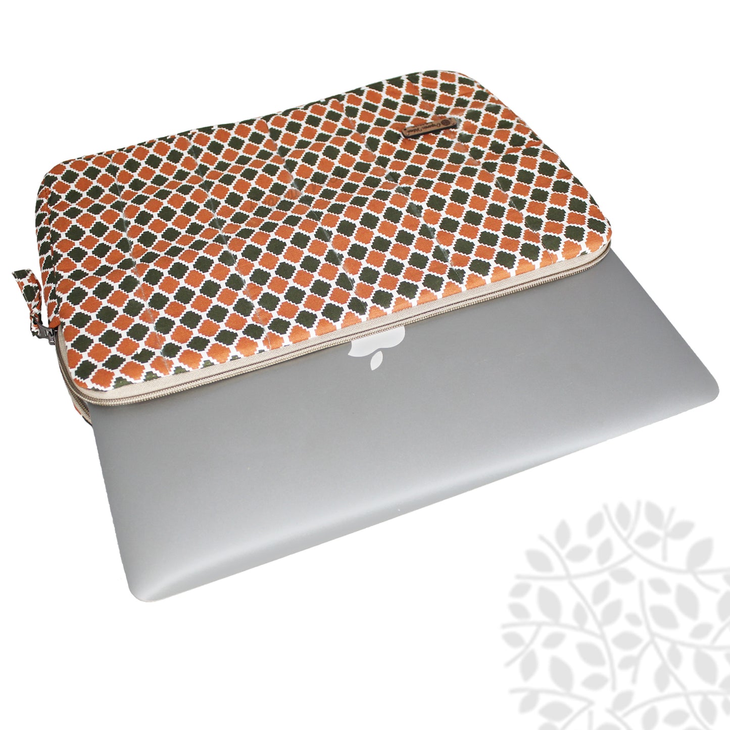 Organic Vibes Hand Block Motifs Printed Orange-Green Laptop Sleeves for Laptop 13 Inches