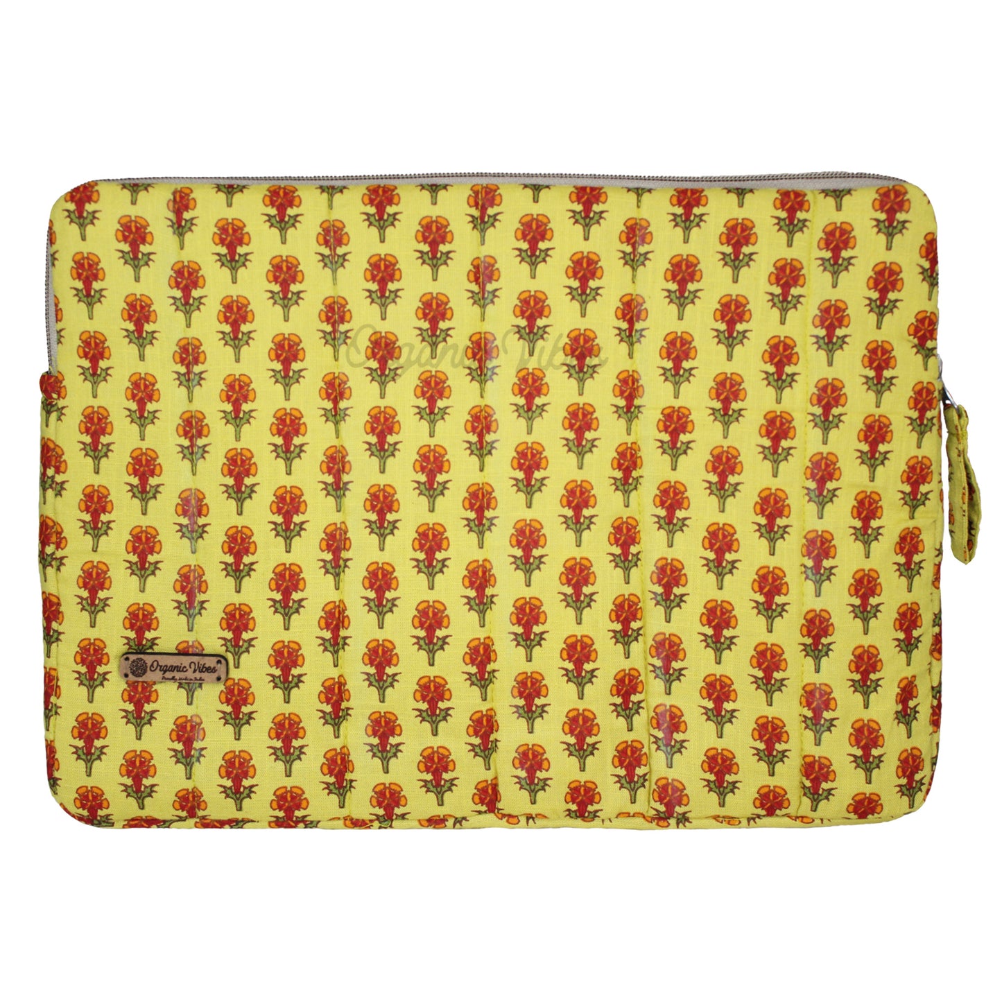 Organic Vibes Hand Block Printed Floral Yellow Laptop Sleeves for 13 Inches Laptop