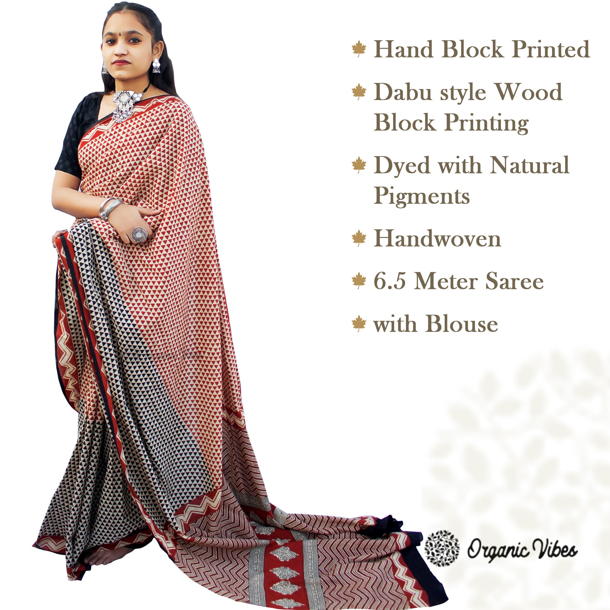 Organic Vibes Beige Handblock Printed Mulmul Cotton Dabu Saree with Black Orange Patterns For Women