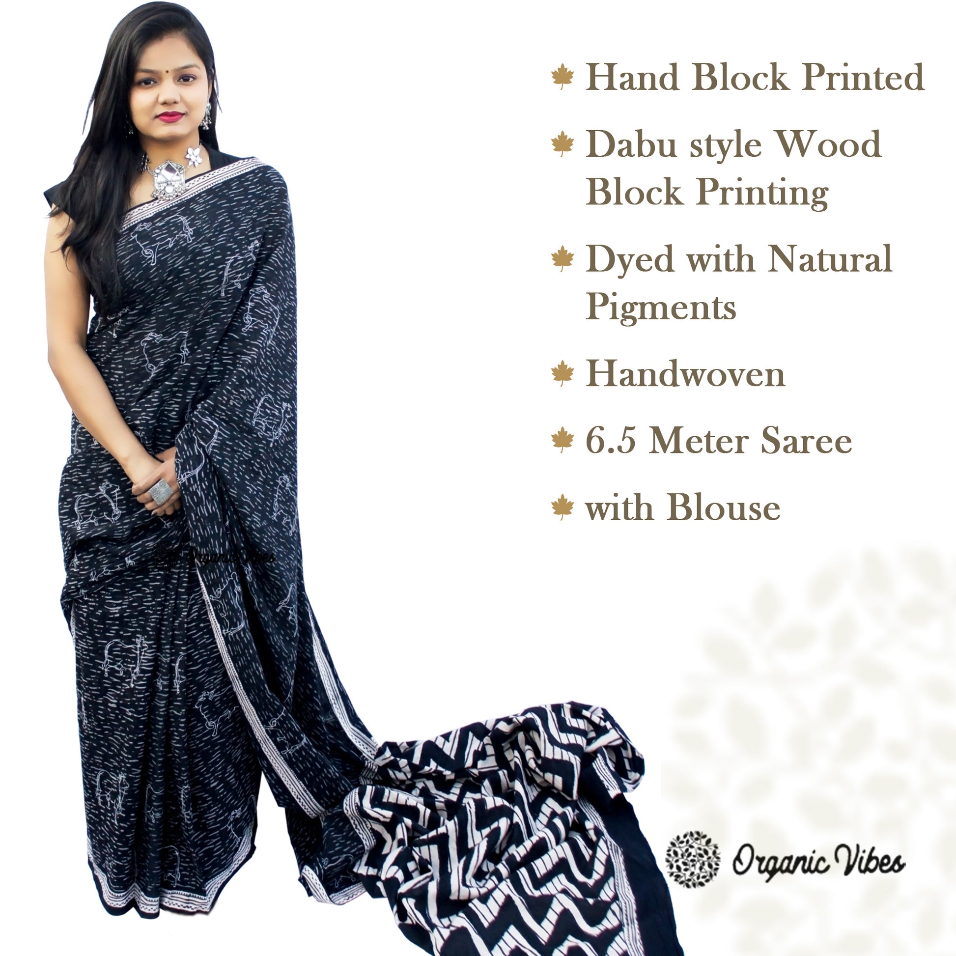 Organic Vibes Black Handblock Printed Nandi Prints Mulmul Cotton Saree For Women