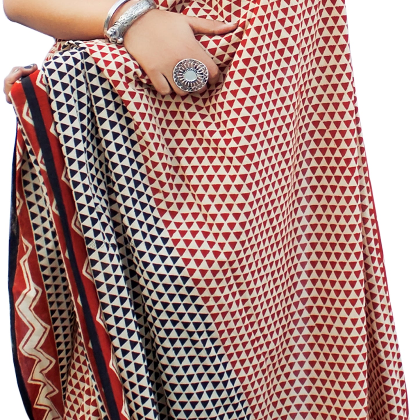 Organic Vibes Beige Handblock Printed Mulmul Cotton Dabu Saree with Black Orange Patterns For Women