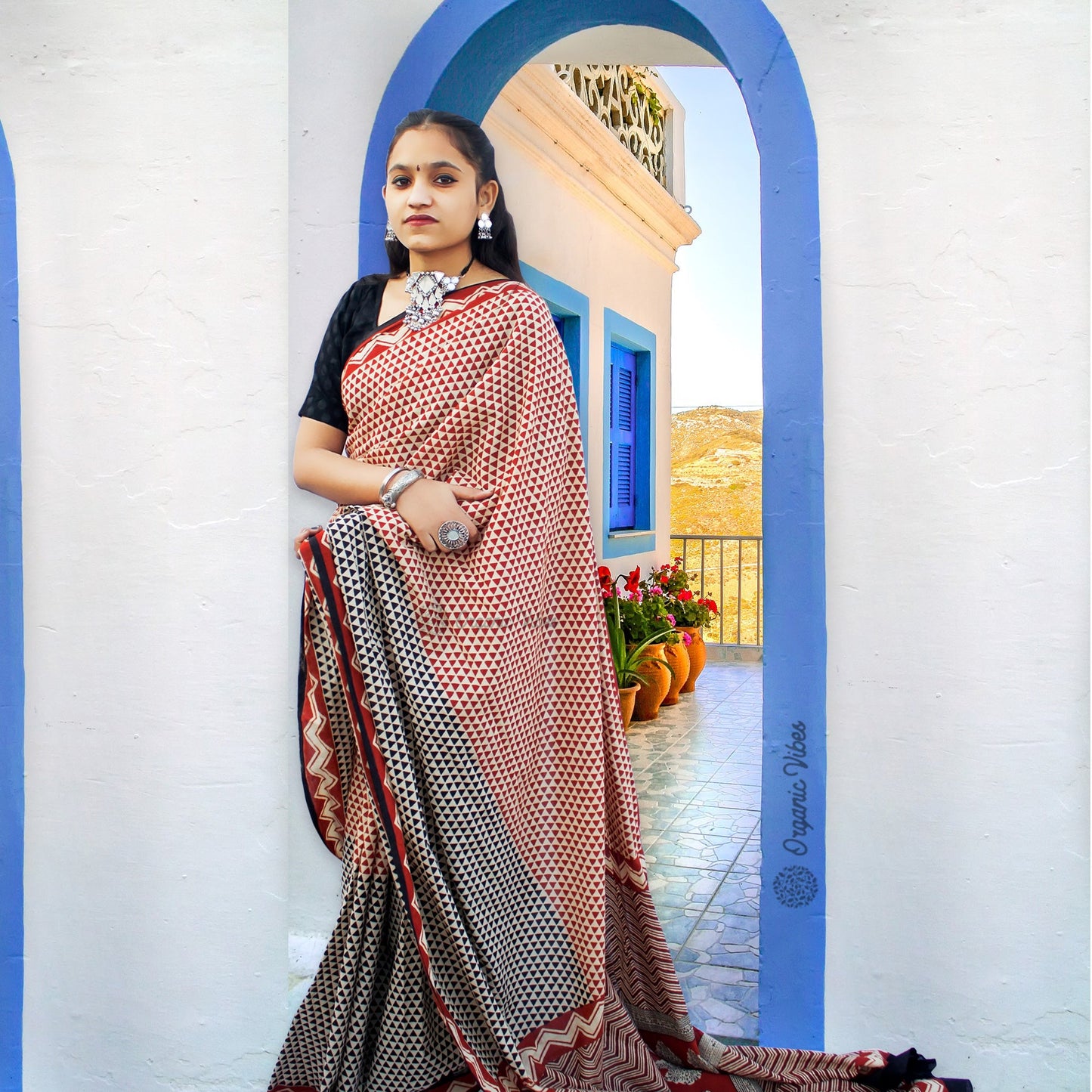 Organic Vibes Beige Handblock Printed Mulmul Cotton Dabu Saree with Black Orange Patterns For Women