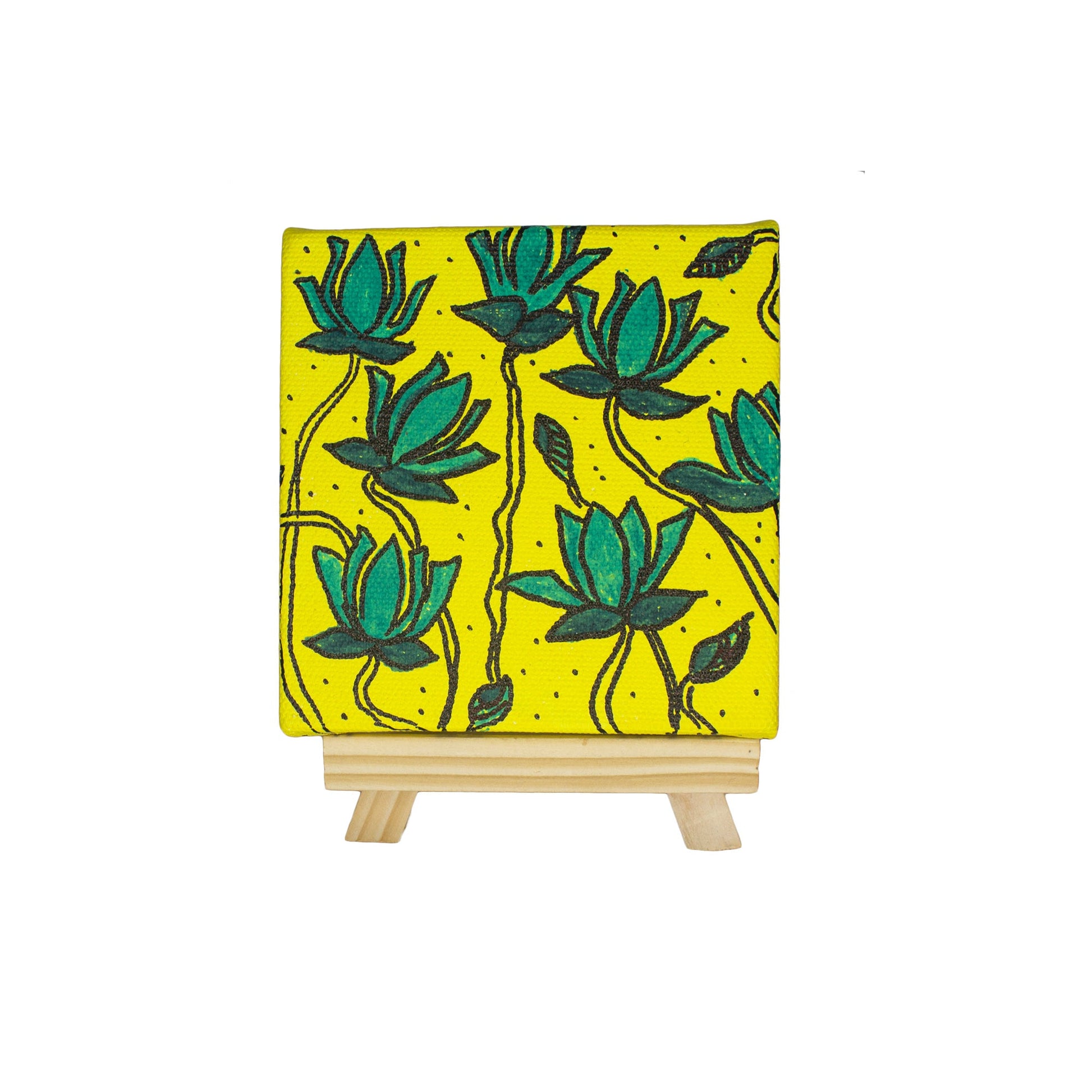 Neha Rajan Artworks Small Handmade Blue Lotus Painting Hand Painted On Canvas Frame With Easel 4X4