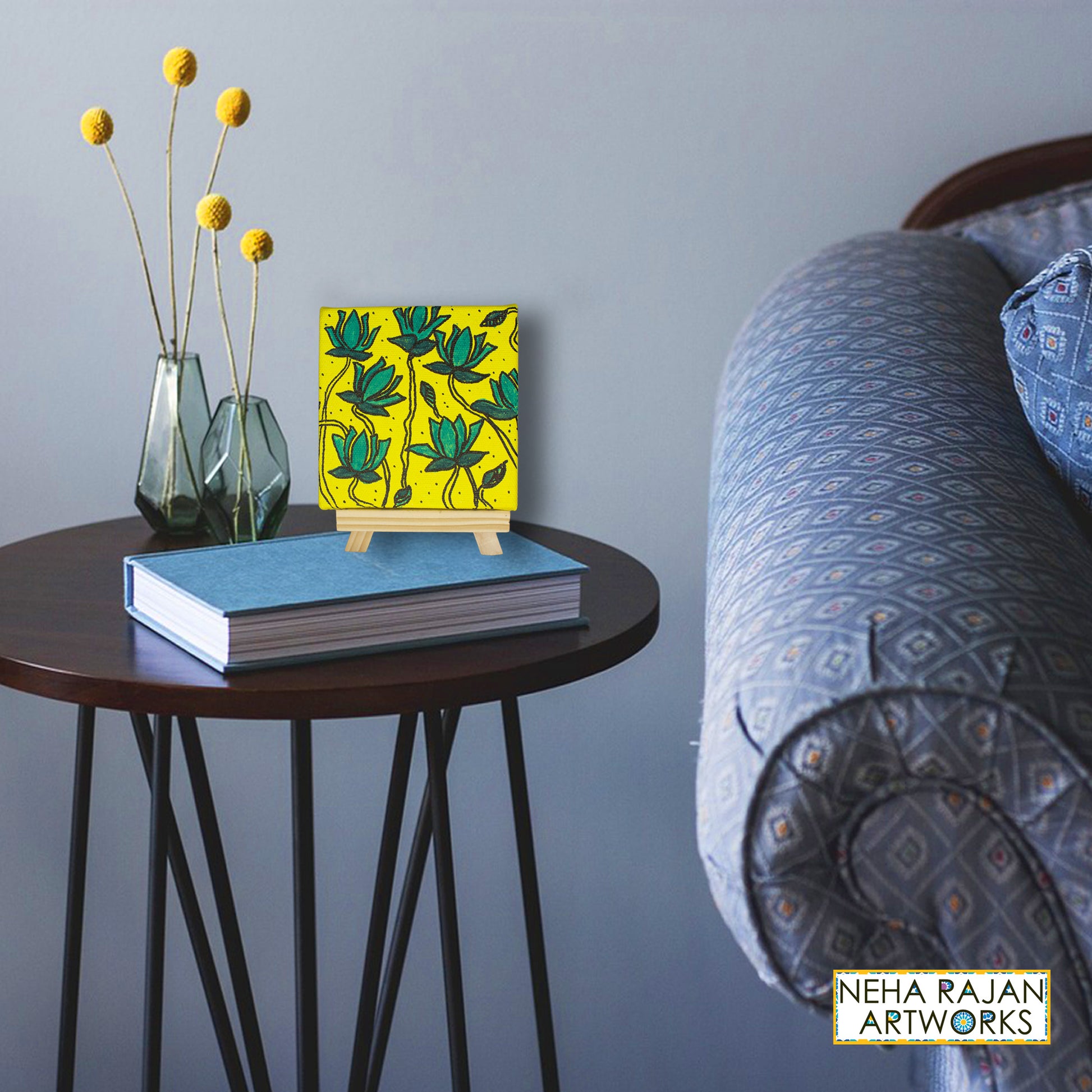 Neha Rajan Artworks Small Handmade Blue Lotus Painting Hand Painted On Canvas Frame With Easel 4X4