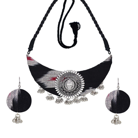 Organic Vibes Handmade Black Ikat Printed Durga Fabric Necklace Set For Women