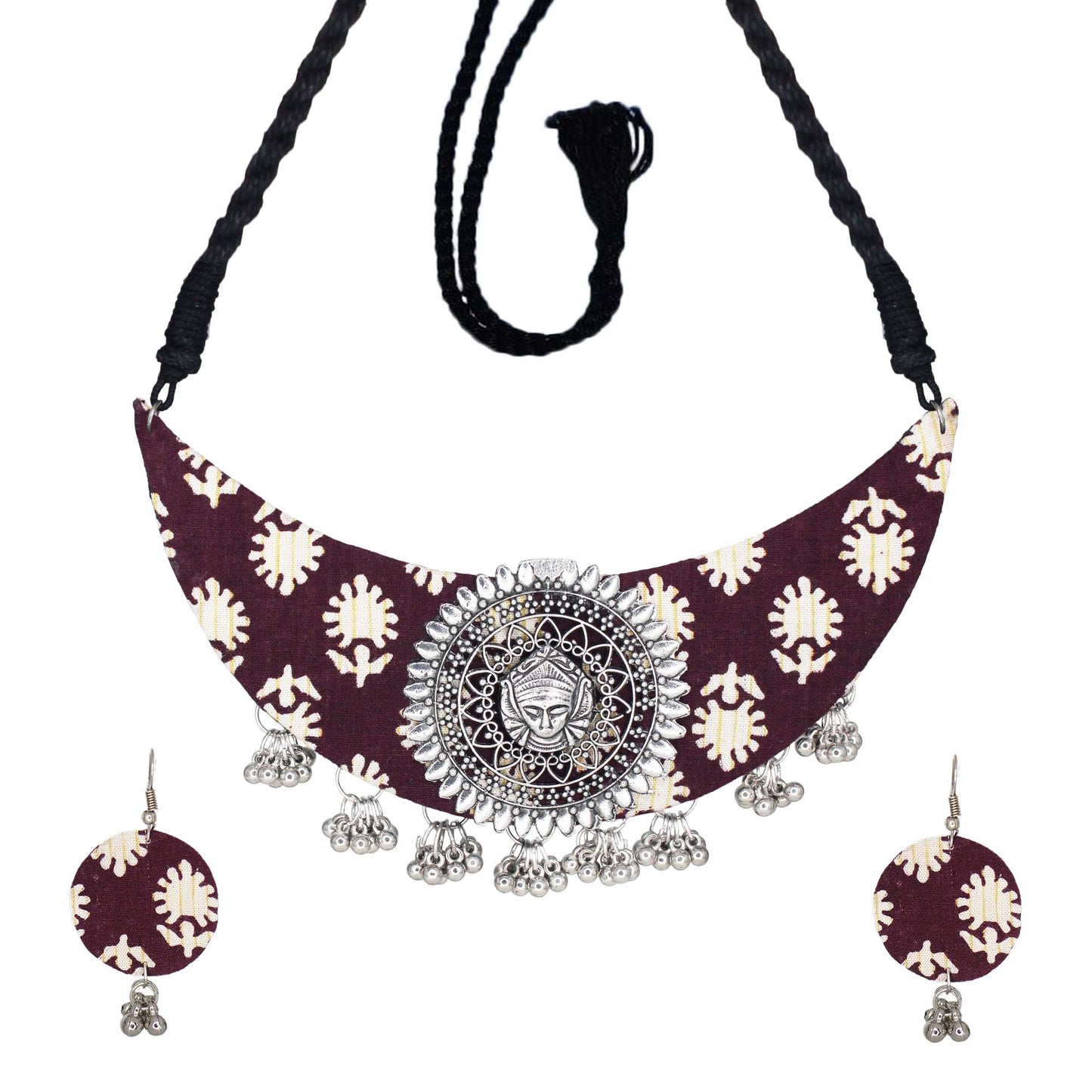 Organic Vibes Handmade Floral Hand Block Printed Brown Fabric Necklace Set For Women