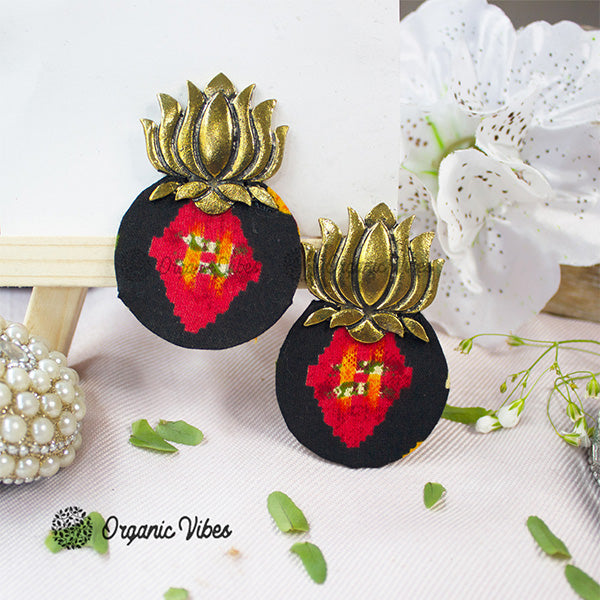 Organic Vibes Handmade Lotus Design Black Studded Fabric Earrings For Women