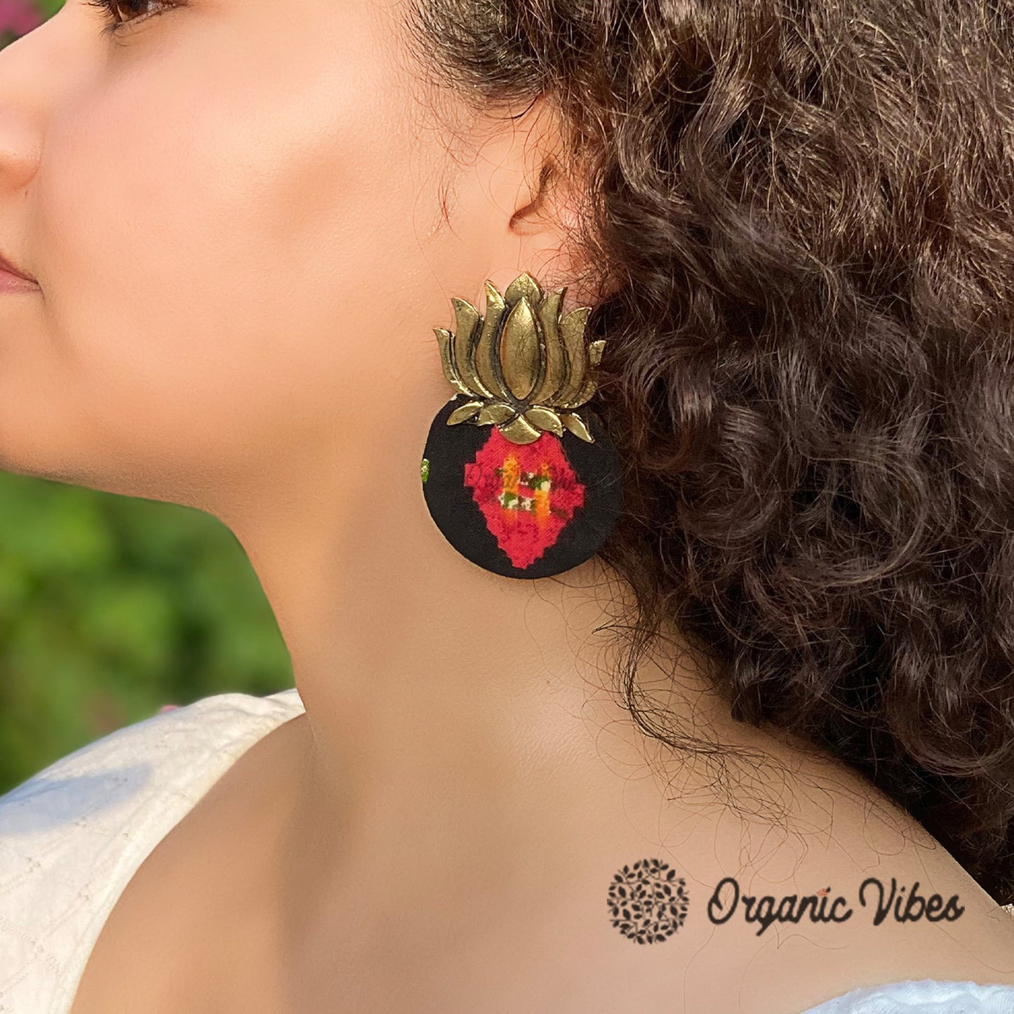 Organic Vibes Handmade Lotus Design Black Studded Fabric Earrings For Women