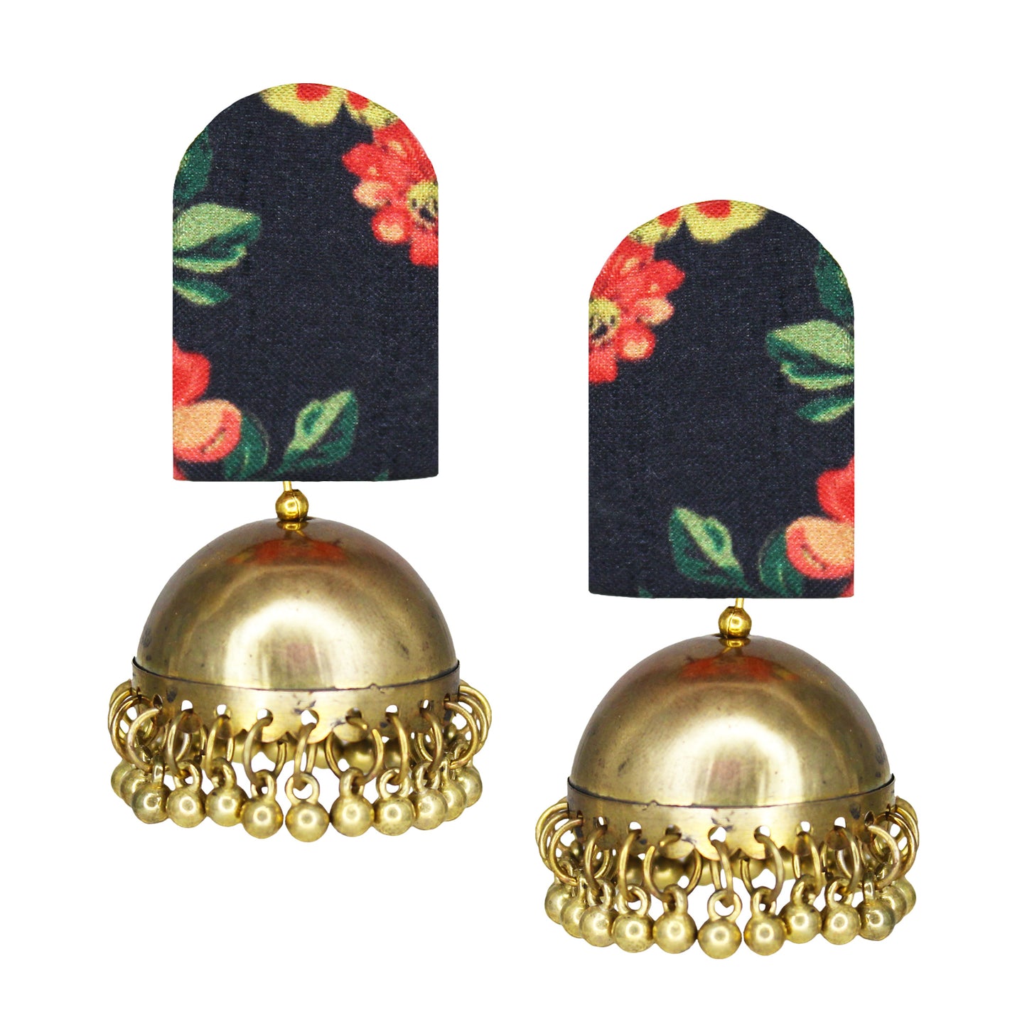 Organic Vibes Handmade Unique Black Floral Print With Golden Jhumki Fabric Earrings For Women