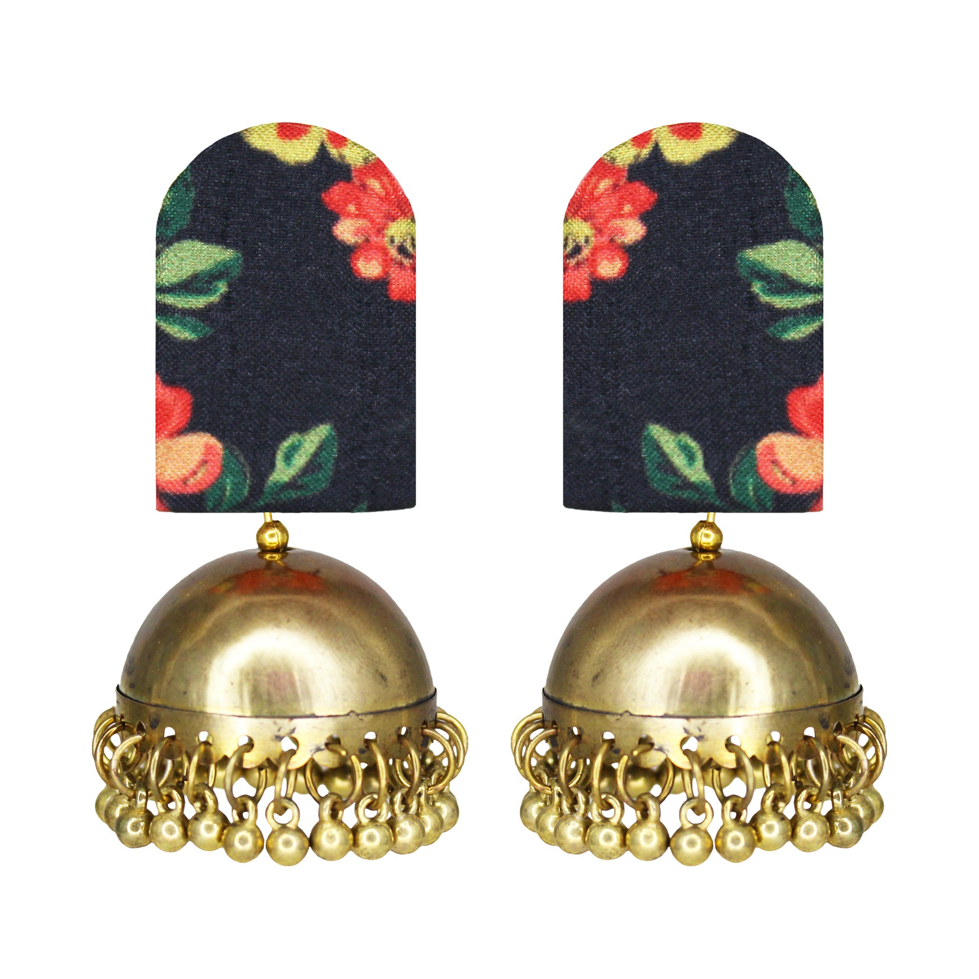 Organic Vibes Handmade Unique Black Floral Print With Golden Jhumki Fabric Earrings For Women