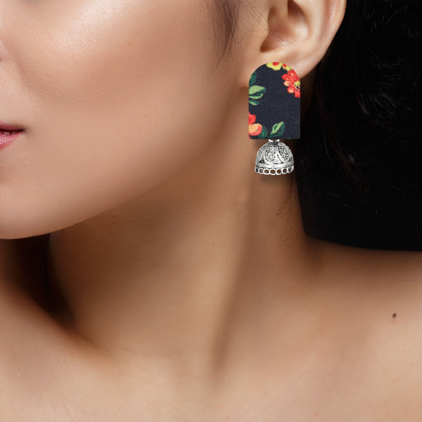 Organic Vibes Handmade Unique Black Floral Print With Silver Jhumki Fabric Earrings For Women