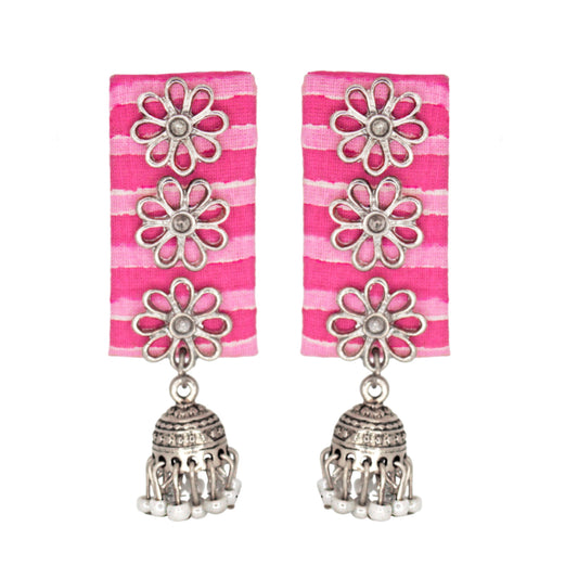 Organic Vibes Handmade Pink Floral design Jhumki Fabric Earrings For Women