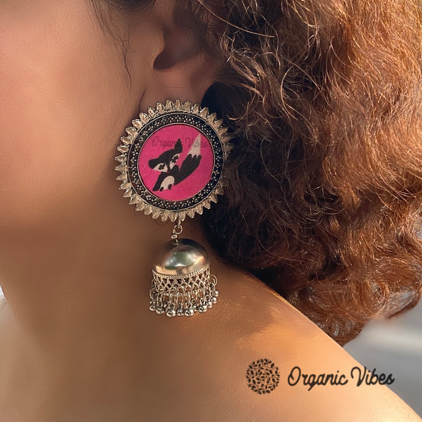Organic Vibes Handmade Handmade Pink With Cat Printed Silver Jhumka Fabric Earrings For Women
