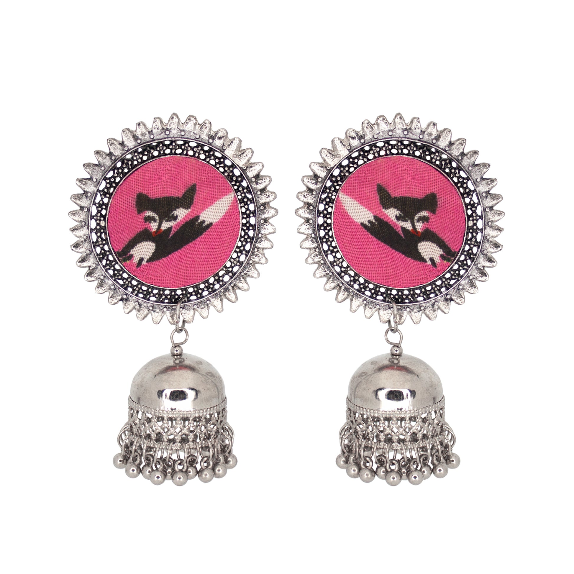 Organic Vibes Handmade Handmade Pink With Cat Printed Silver Jhumka Fabric Earrings For Women