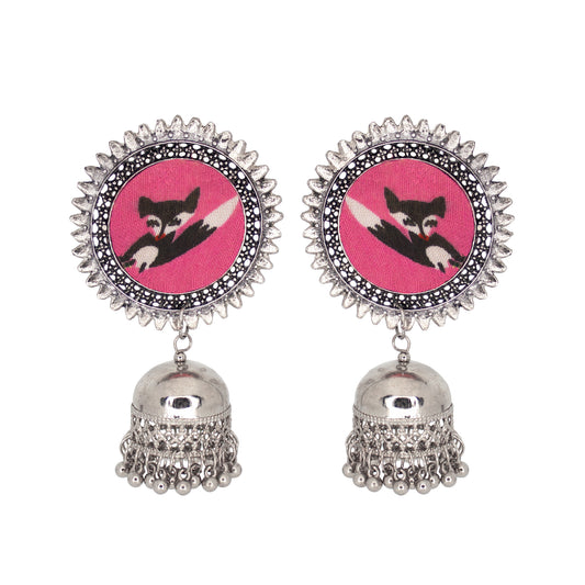 Organic Vibes Handmade Handmade Pink With Cat Printed Silver Jhumka Fabric Earrings For Women
