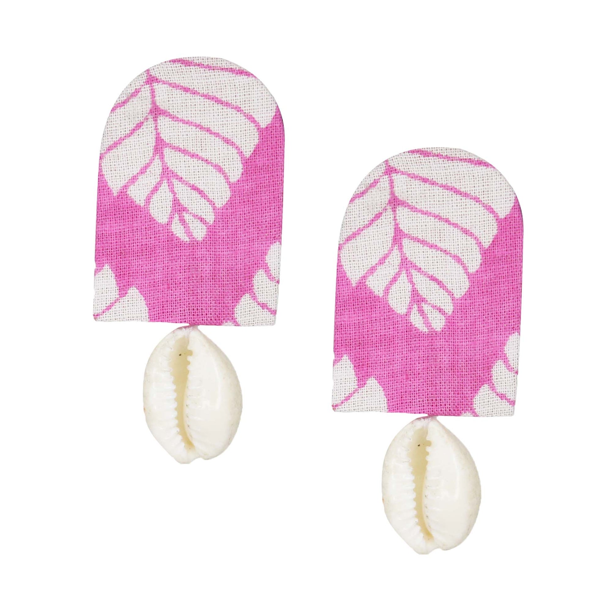 Organic Vibes Handmade White-Pink Leaf Printed With Shell Fabric Earrings For Women