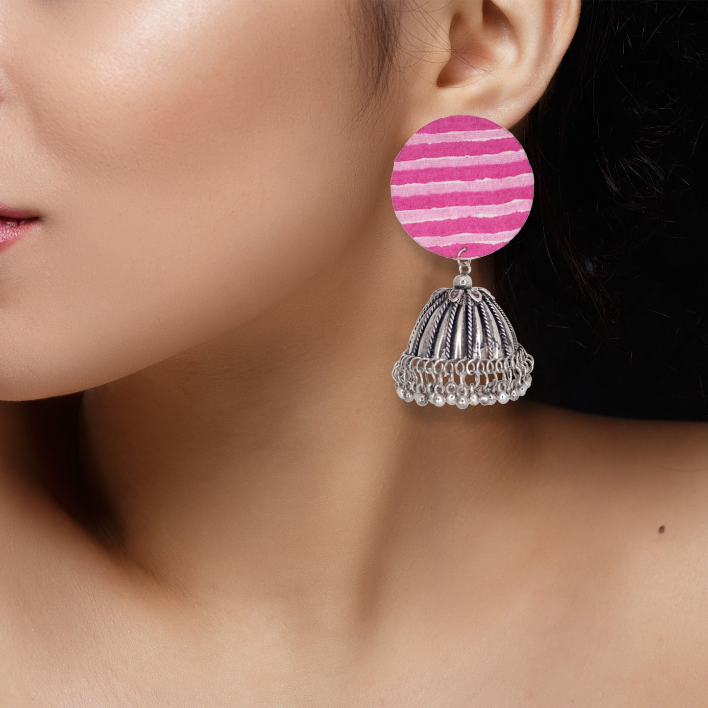 Organic Vibes Handmade Unique Pink and White Striped Round Stud with Silver Jhumka Fabric Earrings For Women
