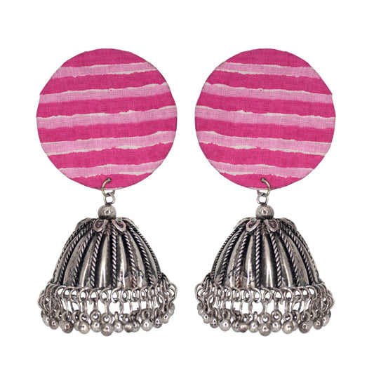 Organic Vibes Handmade Unique Pink and White Striped Round Stud with Silver Jhumka Fabric Earrings For Women