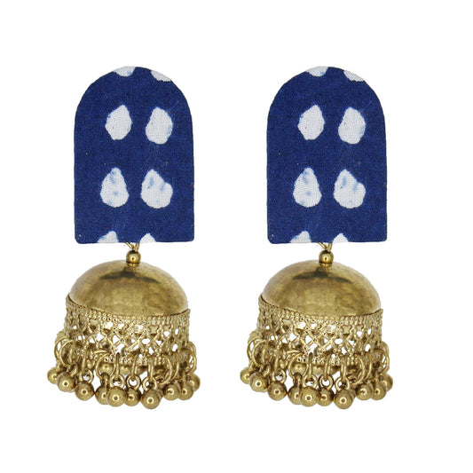 Organic Vibes Handmade Blue Indigo Drop Print With Golden Jhumki Fabric Earrings For Women