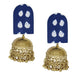 Organic Vibes Handmade Blue Indigo Drop Print With Golden Jhumki Fabric Earrings For Women