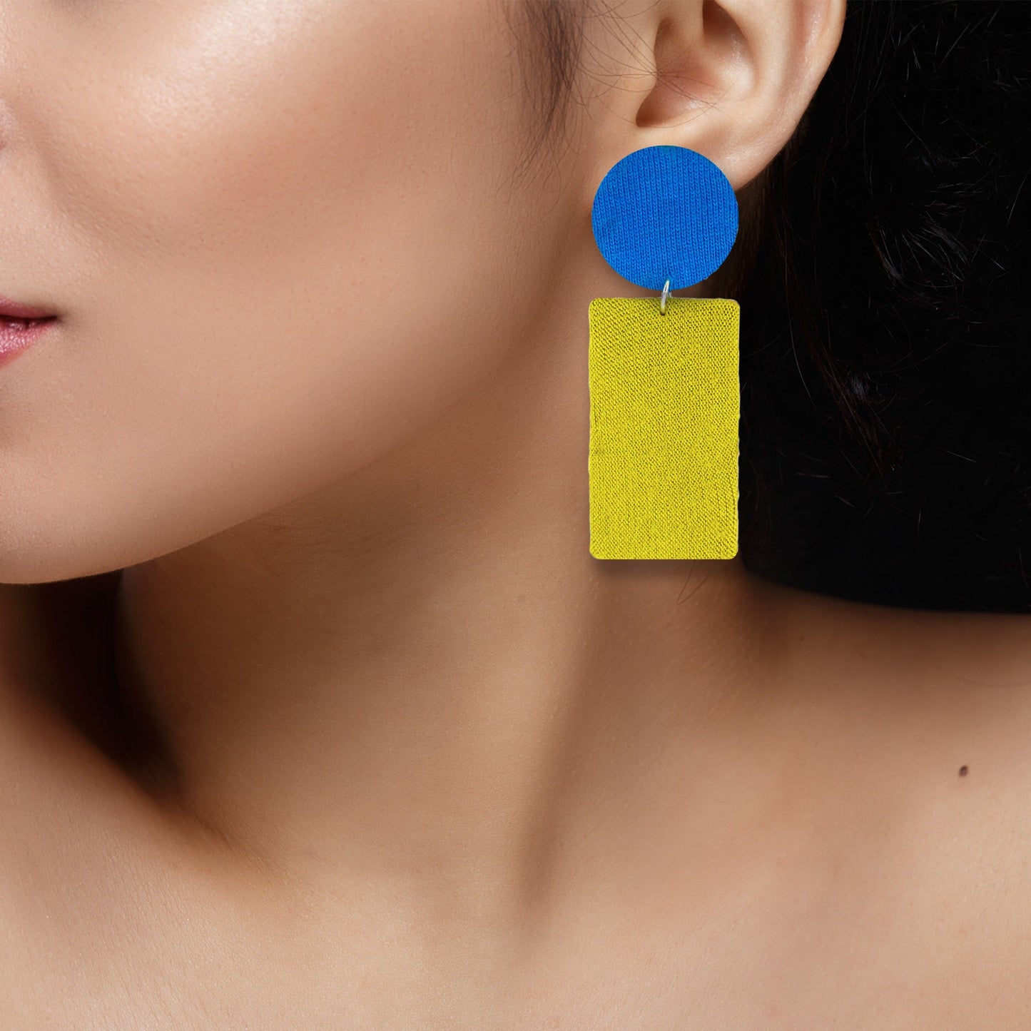 Organic Vibes Handmade Geometrical Shape Blue-Olive Dangler Fabric Earrings For Women