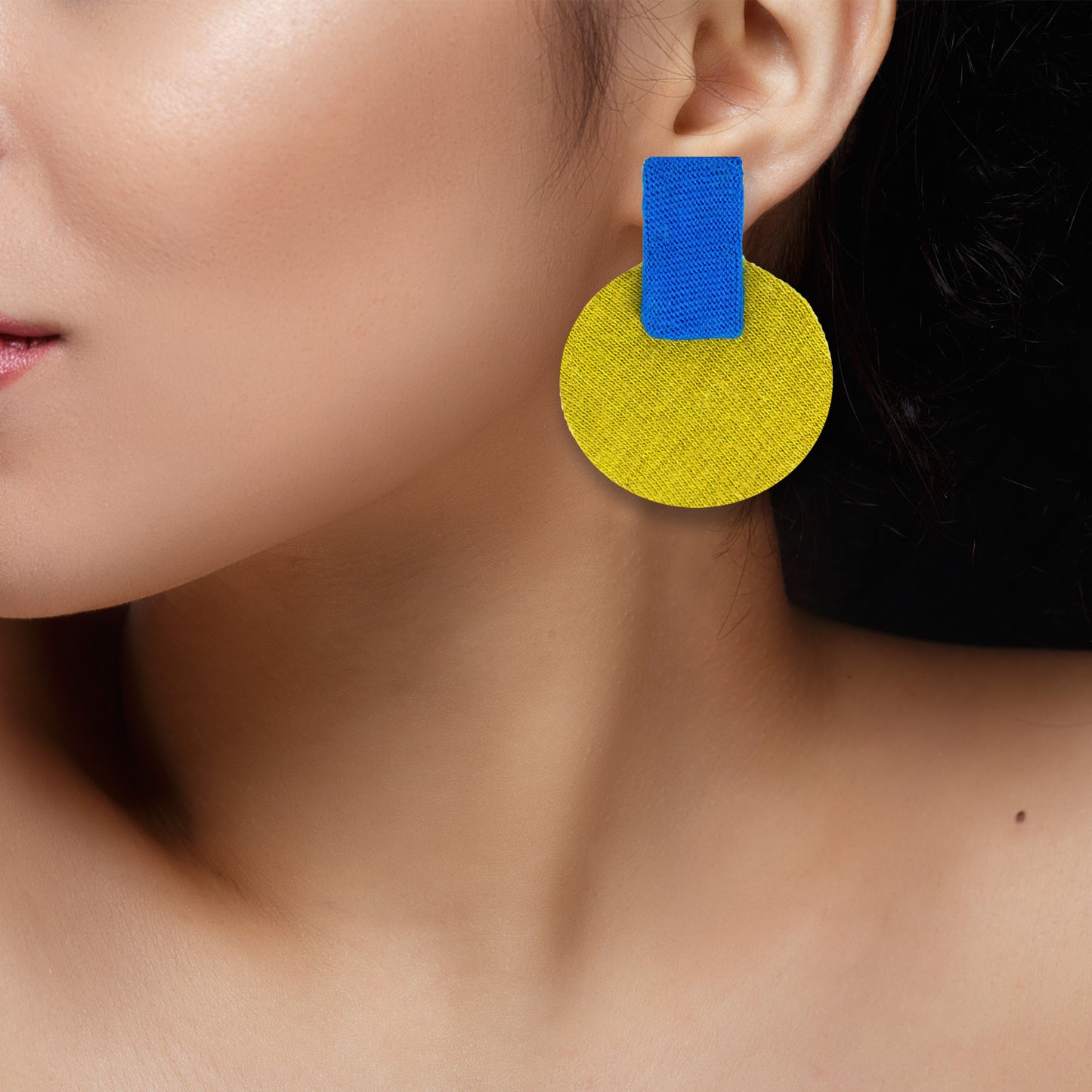 Organic Vibes Handmade Geometrical Blue-Olive Shape Antique Stud Fabric Earrings For Women