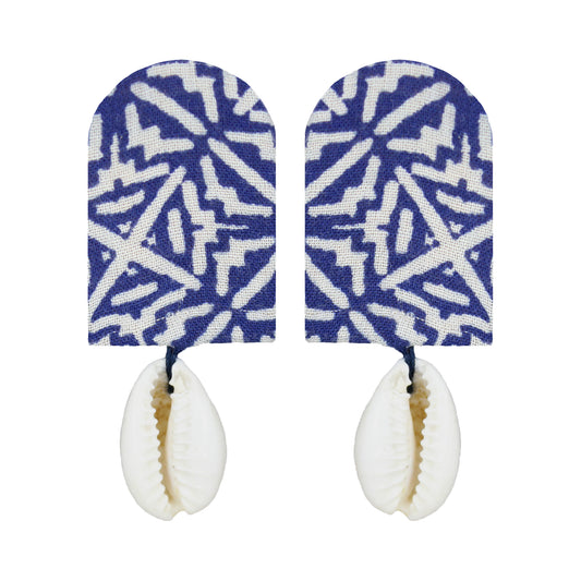 Organic Vibes Handmade White-Blue Print With Shell Fabric Earrings For Women