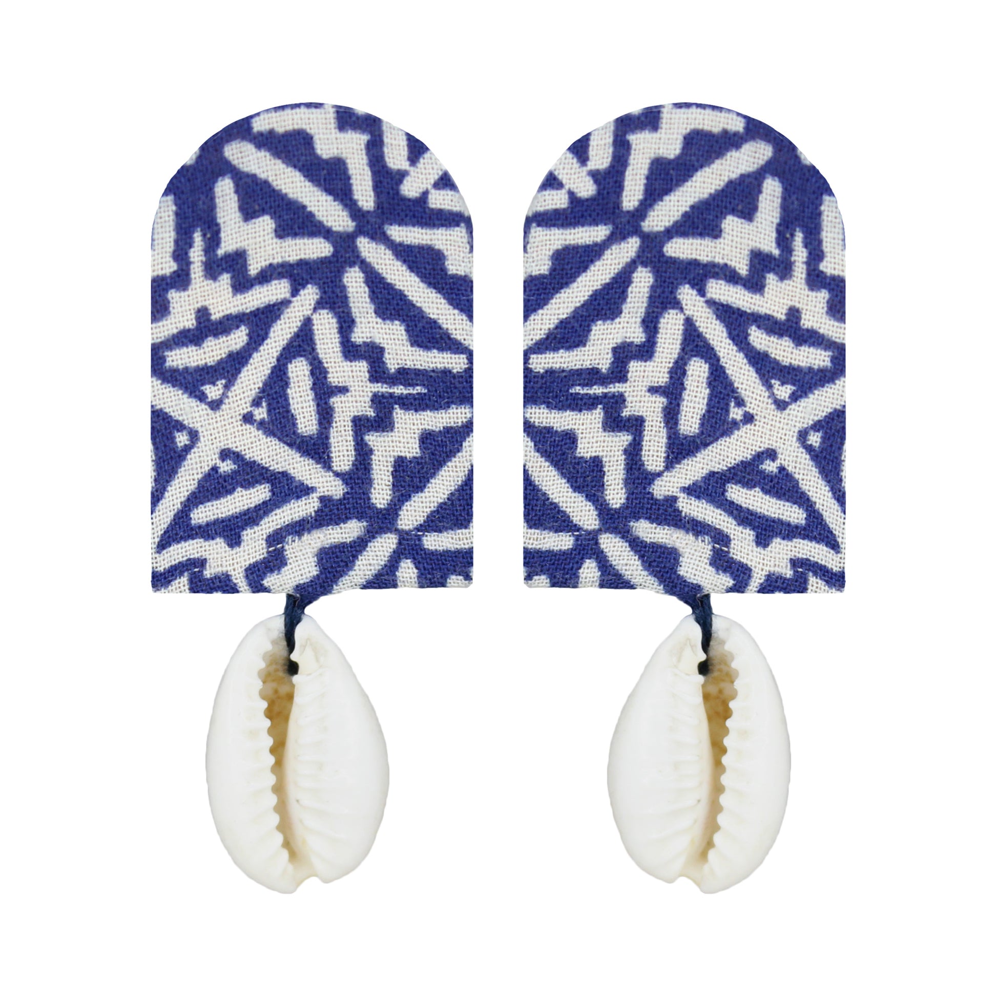 Organic Vibes Handmade White-Blue Print With Shell Fabric Earrings For Women