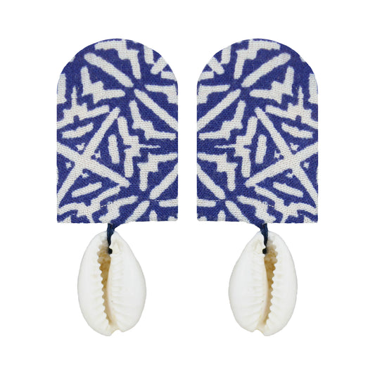 Organic Vibes Handmade White-Blue Print With Shell Fabric Earrings For Women