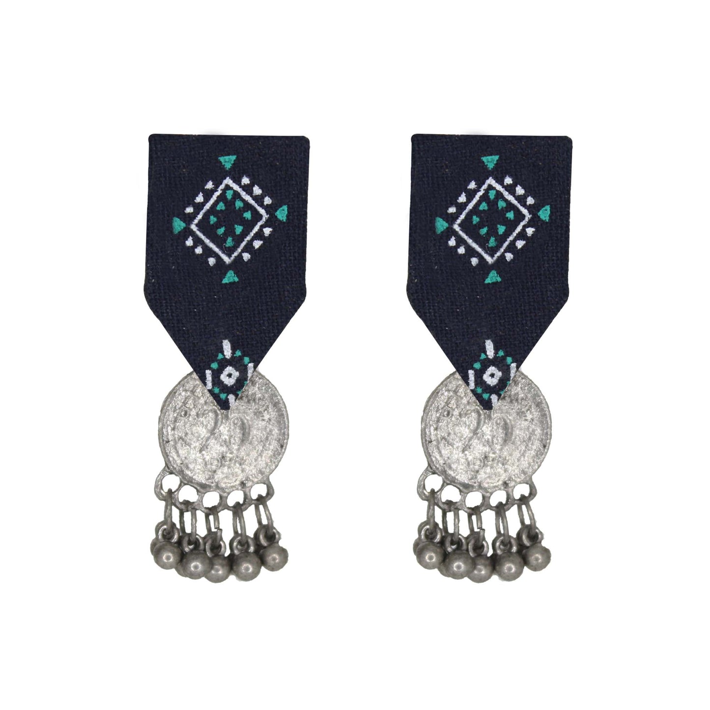 Organic Vibes Handmade Blue Geometrical Stud With Antique Coin Studded Fabric Earrings For Women