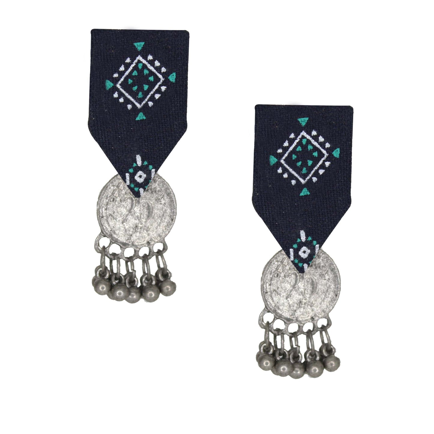 Organic Vibes Handmade Blue Geometrical Stud With Antique Coin Studded Fabric Earrings For Women