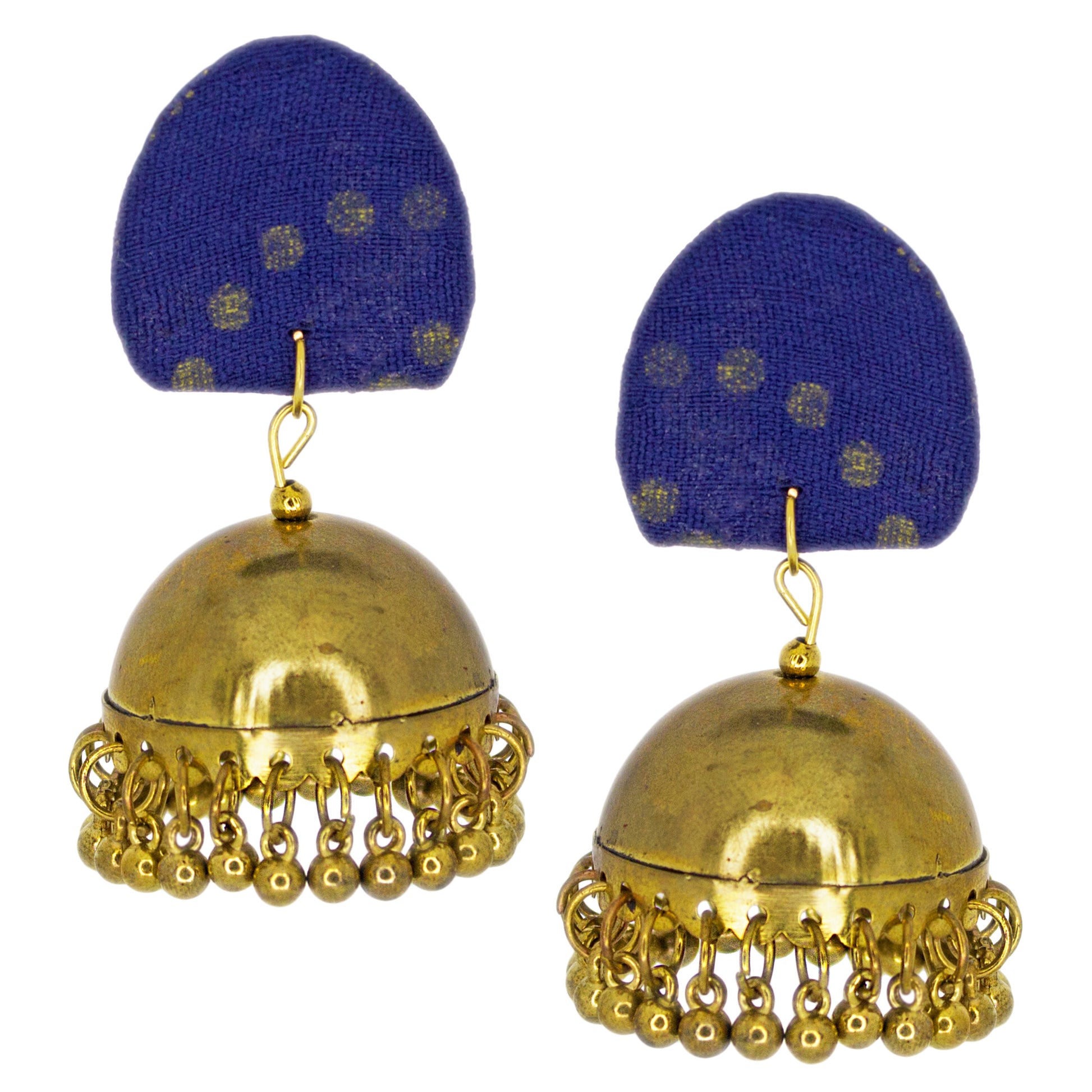 Organic Vibes Handmade Unique Geometric Blue Stud With Golden Jhumka Fabric Earrings For Women