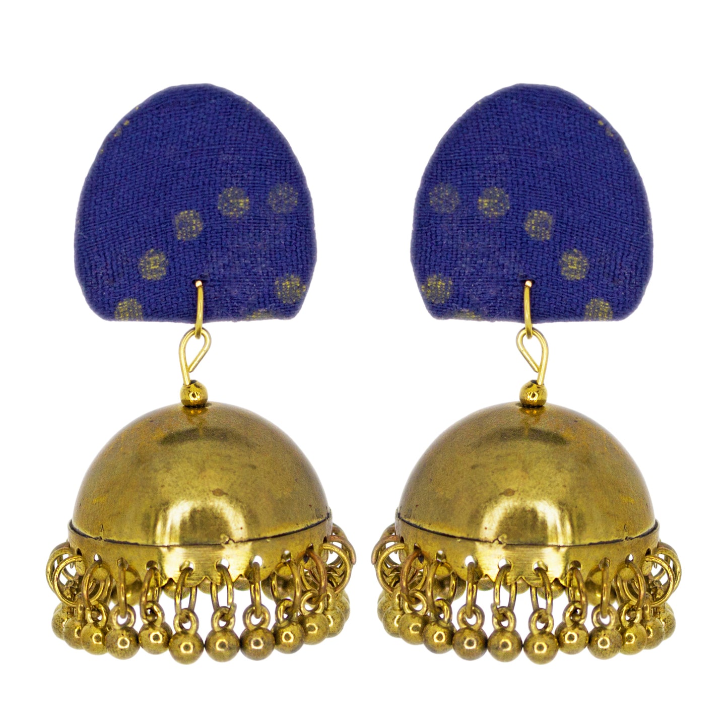 Organic Vibes Handmade Unique Geometric Blue Stud With Golden Jhumka Fabric Earrings For Women