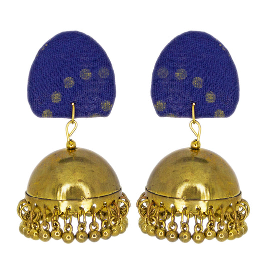 Organic Vibes Handmade Unique Geometric Blue Stud With Golden Jhumka Fabric Earrings For Women